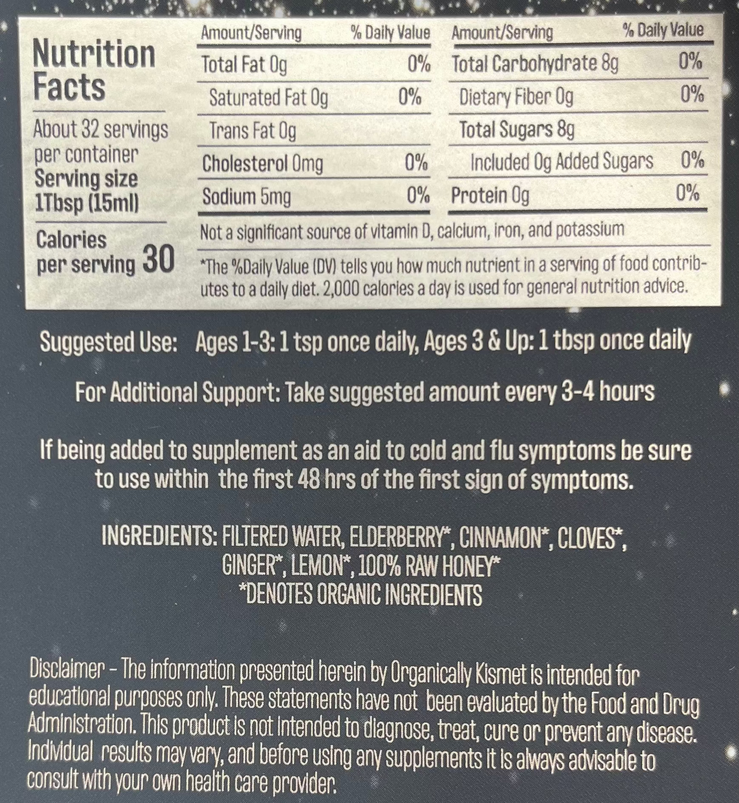 Nutrition label and supplement instructions on a dark background