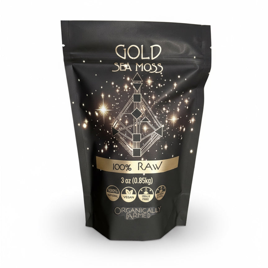 Organically Kismet Gold Sea Moss 100% Raw – premium sun-dried sea moss in resealable pouch packaging, rich in 90+ minerals for vitality, energy, and natural wellness.