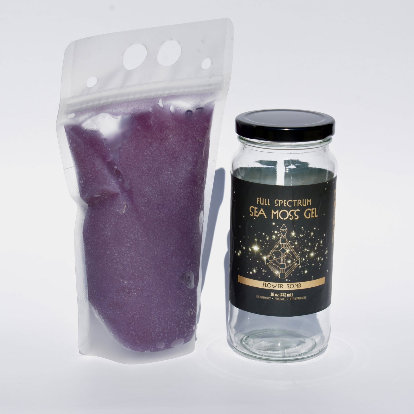 Organically Kismet Flower bomb Sea Moss gel in a pouch and a labeled jar.