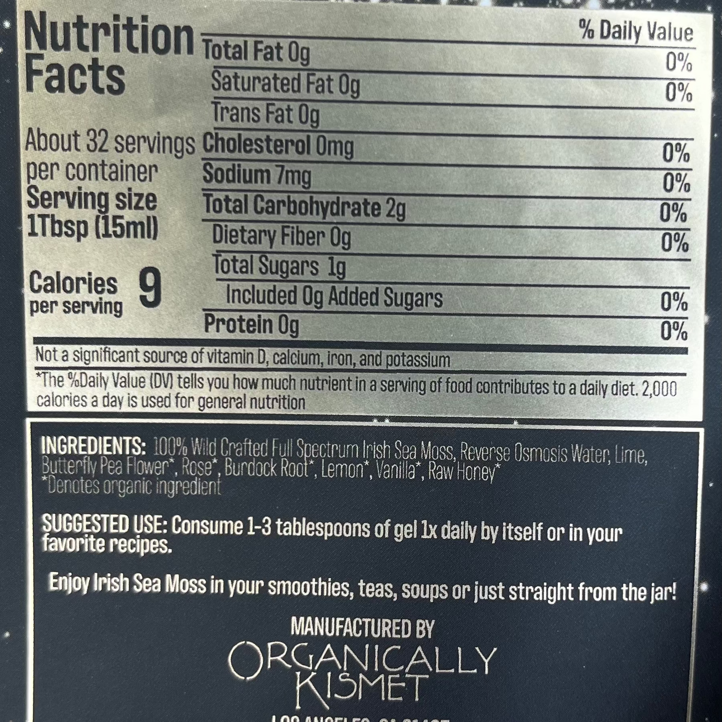 Nutritional Facts for organically kismet flower bomb sea moss gel