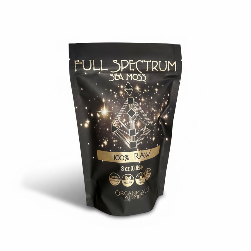 Organically Kismet Full Spectrum Sea Moss 100% Raw – naturally shade-dried sea moss blend containing gold, purple, and green varieties. Rich in minerals and antioxidants for full-body nourishment and wellness.