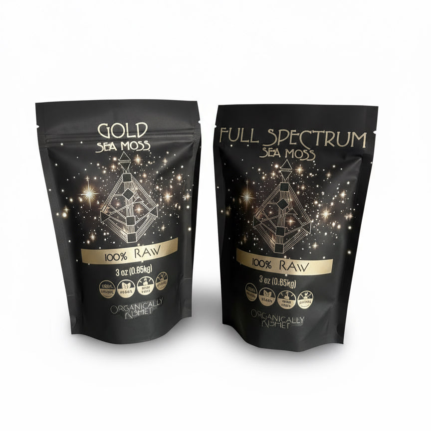 Organically Kismet Gold and Full Spectrum Sea Moss 100% Raw – premium wildcrafted sea moss duo in resealable pouches. Includes pure golden and mineral-rich full spectrum varieties for whole-body wellness, immunity, and vitality.