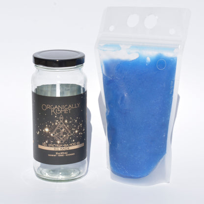 Organically Kismet Blu Magik Sea Moss Gel jar and pouch.