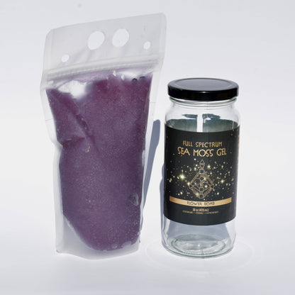 Organically Kismet Flower bomb Sea Moss gel in a pouch and a labeled jar.