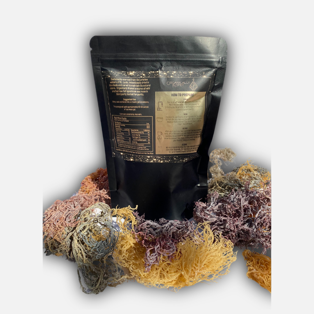 Organically Kismet -Full Spectrum Raw Irish Sea Moss from Saint Lucia in a 3oz pouch set atop a bed of vibrantly colored Sea Moss Back of pouch