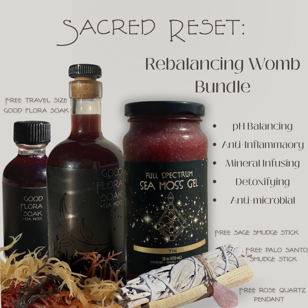 Three bottles and a jar labeled 'Sacred Reset: Rebalancing Womb Bundle' with text detailing product benefits on a white background.