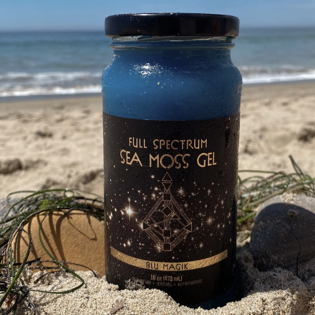 Blue Magik full spectrum sea moss gel by Organically Kismet photographed on sandy beach with ocean background, showcasing vibrant blue color and wellness lifestyle aesthetic.