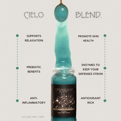 Cielo Blend Sea Moss Gel by Organically Kismet — a tranquil teal formula that supports relaxation, promotes skin health, provides prebiotic and anti-inflammatory benefits, and is rich in antioxidants and enzymes to strengthen the body’s defenses.