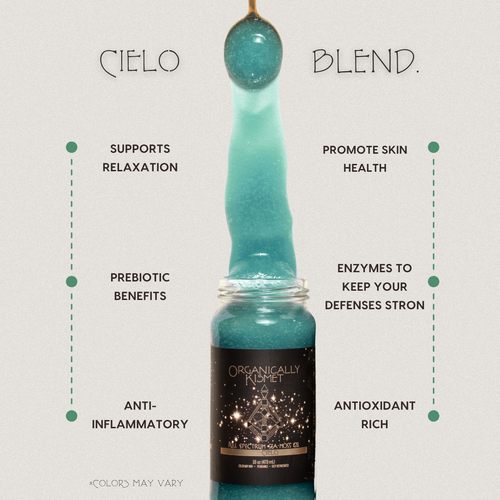 Cielo Blend Sea Moss Gel by Organically Kismet — a tranquil teal formula that supports relaxation, promotes skin health, provides prebiotic and anti-inflammatory benefits, and is rich in antioxidants and enzymes to strengthen the body’s defenses.