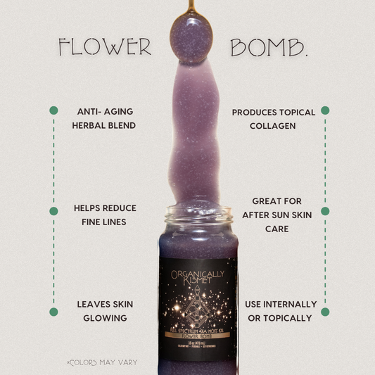 Flower Bomb Sea Moss Gel by Organically Kismet — a luxurious anti-aging herbal blend that promotes collagen production, reduces fine lines, leaves skin glowing, and supports topical and internal skin rejuvenation for radiant, youthful skin.