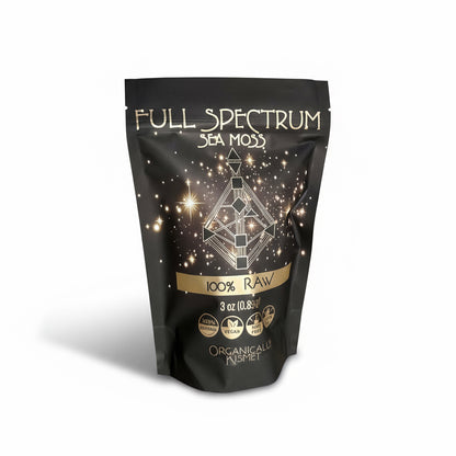 Organically Kismet Full Spectrum Sea Moss 100% Raw – naturally shade-dried sea moss blend containing gold, purple, and green varieties. Rich in minerals and antioxidants for full-body nourishment and wellness.