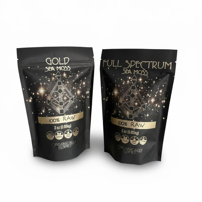 Organically Kismet Gold and Full Spectrum Sea Moss 100% Raw – premium wildcrafted sea moss duo in resealable pouches. Includes pure golden and mineral-rich full spectrum varieties for whole-body wellness, immunity, and vitality.