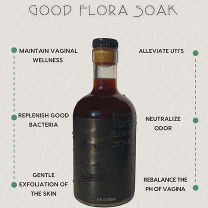 Good Flora Soak bottle surrounded by benefits including maintaining vaginal wellness, replenishing good bacteria, gentle skin exfoliation, alleviating UTIs, neutralizing odor, and rebalancing vaginal pH. A natural herbal soak by Organically Kismet.