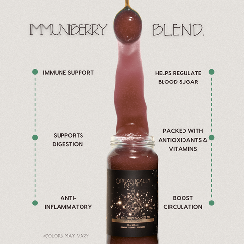 ImmuniBerry Sea Moss Gel by Organically Kismet — a nutrient-rich berry blend infused with elderberry and full-spectrum sea moss to support immune health, boost circulation, aid digestion, regulate blood sugar, and deliver powerful antioxidants and vitamins.