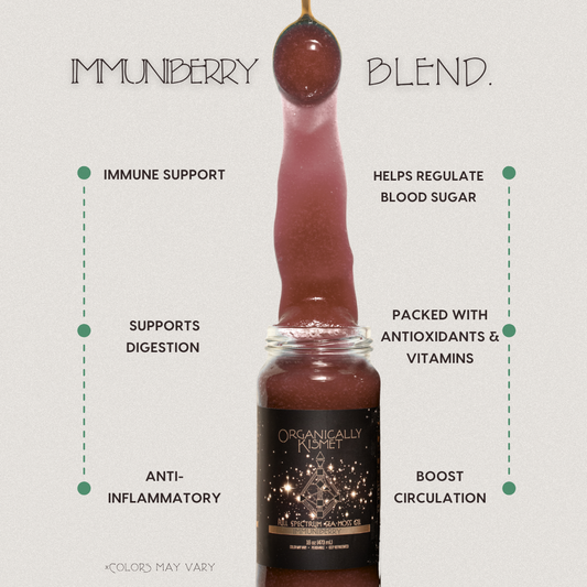ImmuniBerry Sea Moss Gel by Organically Kismet — a nutrient-rich berry blend infused with elderberry and full-spectrum sea moss to support immune health, boost circulation, aid digestion, regulate blood sugar, and deliver powerful antioxidants and vitamins.