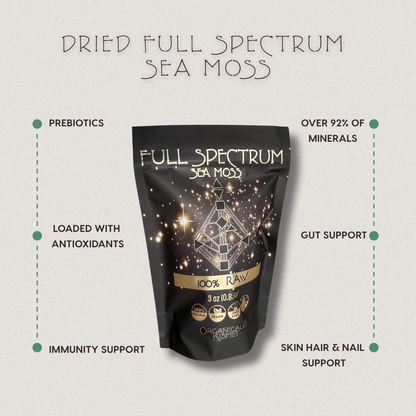 Product image of Organically Kismet Dried Full Spectrum Sea Moss with highlighted benefits including prebiotics, antioxidants, immunity support, over 92% of minerals, gut support, and skin, hair, and nail support.