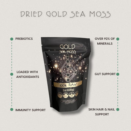 Product image of Organically Kismet Dried Gold Sea Moss with highlighted benefits including prebiotics, antioxidants, immunity support, over 92% of minerals, gut support, and skin, hair, and nail support.