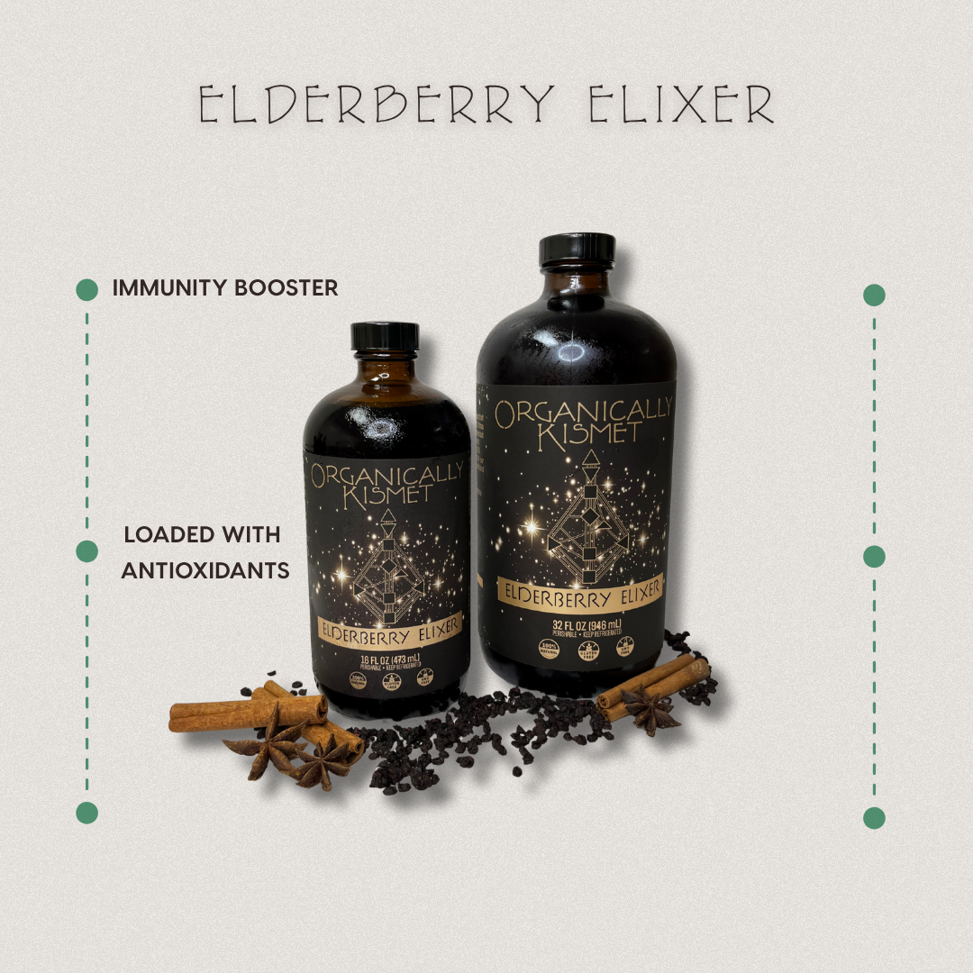 Organically Kismet Elderberry Elixir bottles displayed with elderberries, cinnamon sticks, and star anise, highlighting benefits such as immunity support and antioxidant richness.