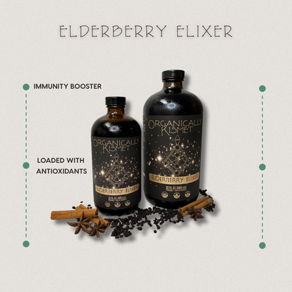 Organically Kismet Elderberry Elixir bottles displayed with elderberries, cinnamon sticks, and star anise, highlighting benefits such as immunity support and antioxidant richness.