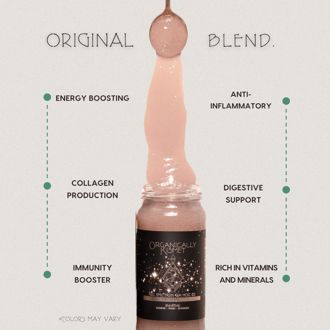 Original Blend Sea Moss Gel by Organically Kismet — a mineral-rich natural gel that boosts energy, supports collagen production, strengthens immunity, aids digestion, reduces inflammation, and replenishes essential vitamins and minerals.