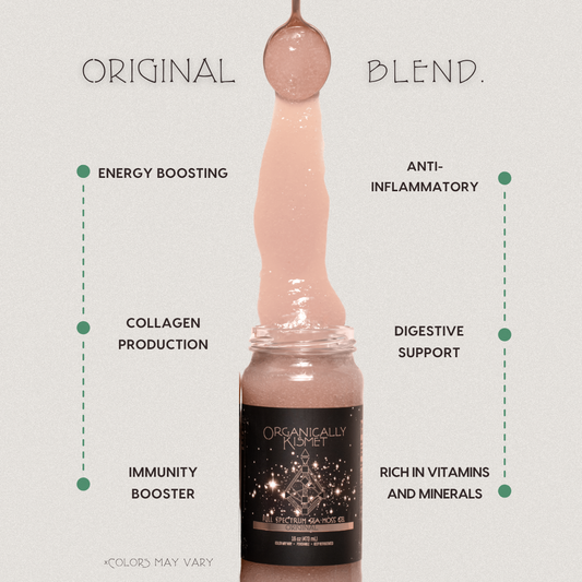 Original Blend Sea Moss Gel by Organically Kismet — a mineral-rich natural gel that boosts energy, supports collagen production, strengthens immunity, aids digestion, reduces inflammation, and replenishes essential vitamins and minerals.
