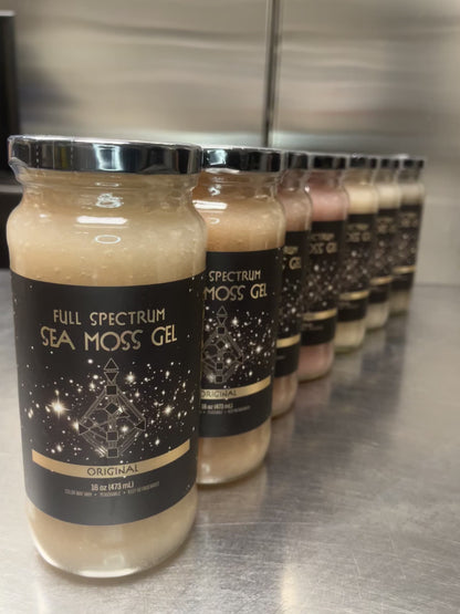 7 jars showing the color range of organically kismets original sea moss gel