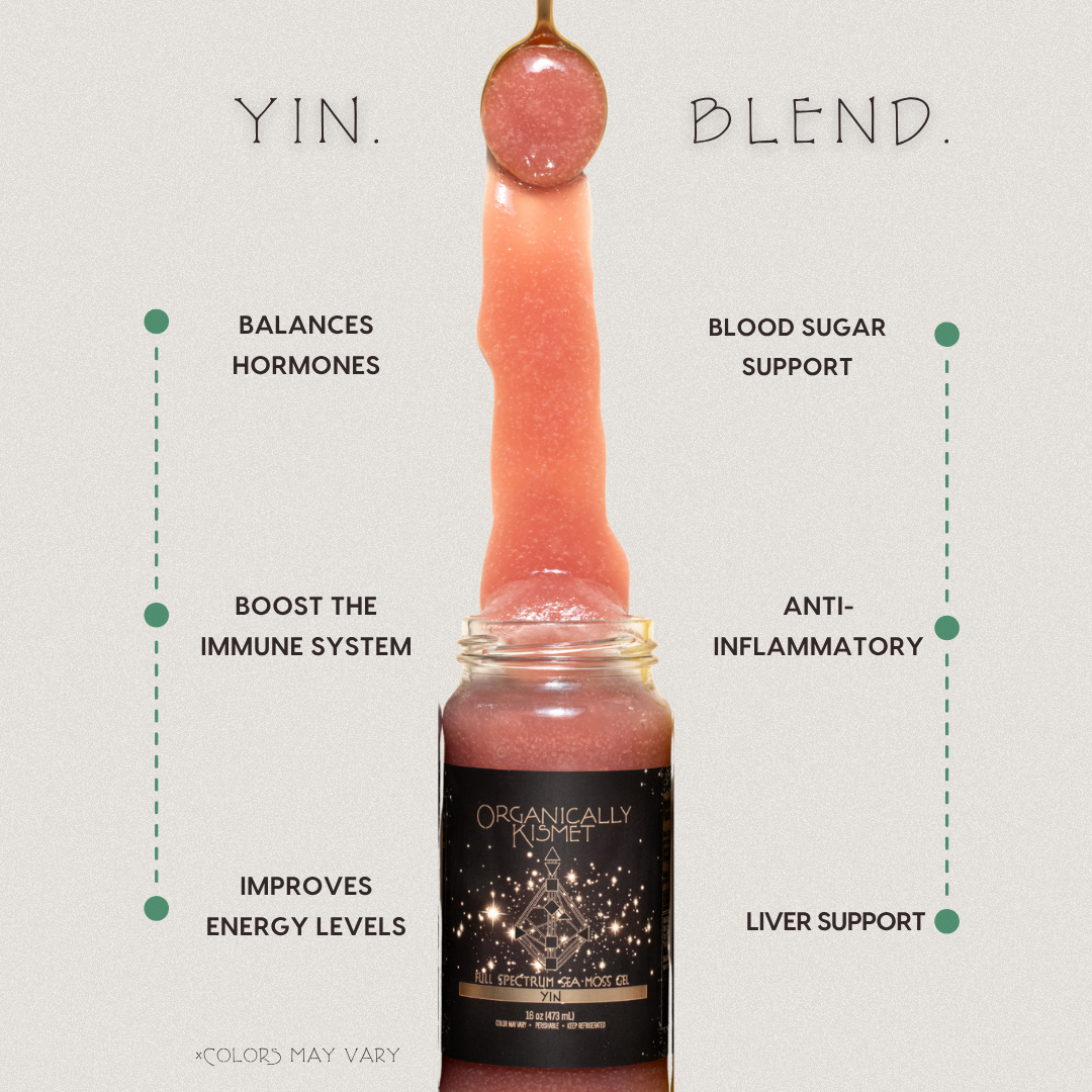 Yin Blend Sea Moss Gel by Organically Kismet — a pink mineral-rich gel crafted to balance hormones, support blood sugar, boost the immune system, reduce inflammation, enhance liver function, and improve overall energy levels.