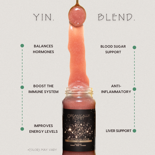 Yin Blend Sea Moss Gel by Organically Kismet — a pink mineral-rich gel crafted to balance hormones, support blood sugar, boost the immune system, reduce inflammation, enhance liver function, and improve overall energy levels.
